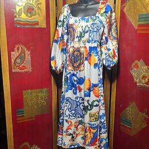 Bohemian Floral Print Maxi Dress in White and Blue